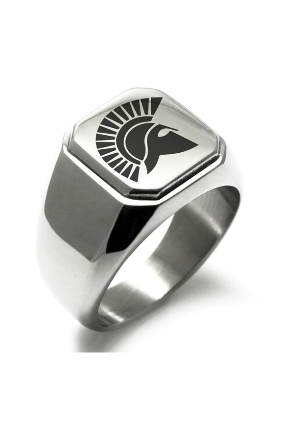 Stainless Steel Ares Greek God of War Engraved Square Flat Top Biker Style Polished Signet Ring