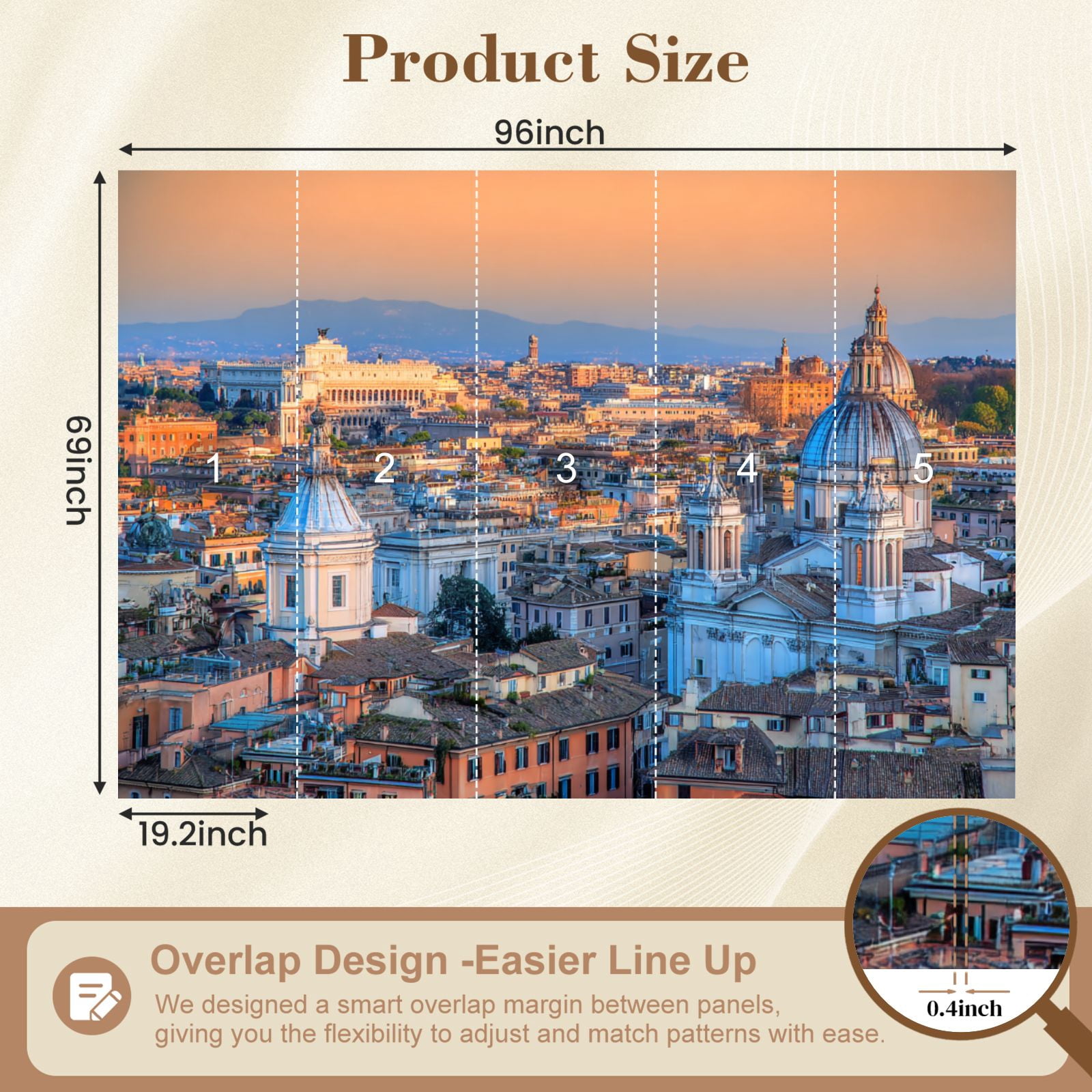 Wallpaper Rome Skyline Italy Peel and Stick Wall Murals 69"H x 96"W Removable PVC Wall Paper Self-Adhesive Wall Paintings Art Decor for Bedroom Living Room