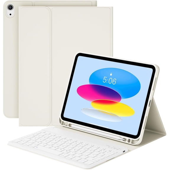 Detachable Bluetooth Keyboard Cover for iPad 11 Gen A16 11" 2025 / iPad 10 Gen 10.9" 2022, Slim Folio Case with Apple Pencil Slot,Cream White