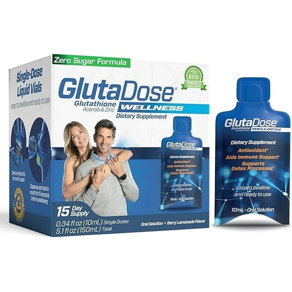 GlutaDose Liquid Glutathione Supplement, Every Day Immune Support Supplements for Adults, Cellular Detox, Antioxidant - Acerola Energy Booster w/Zinc, L-Glutathione Supplement in Liquid Vials - 15PK