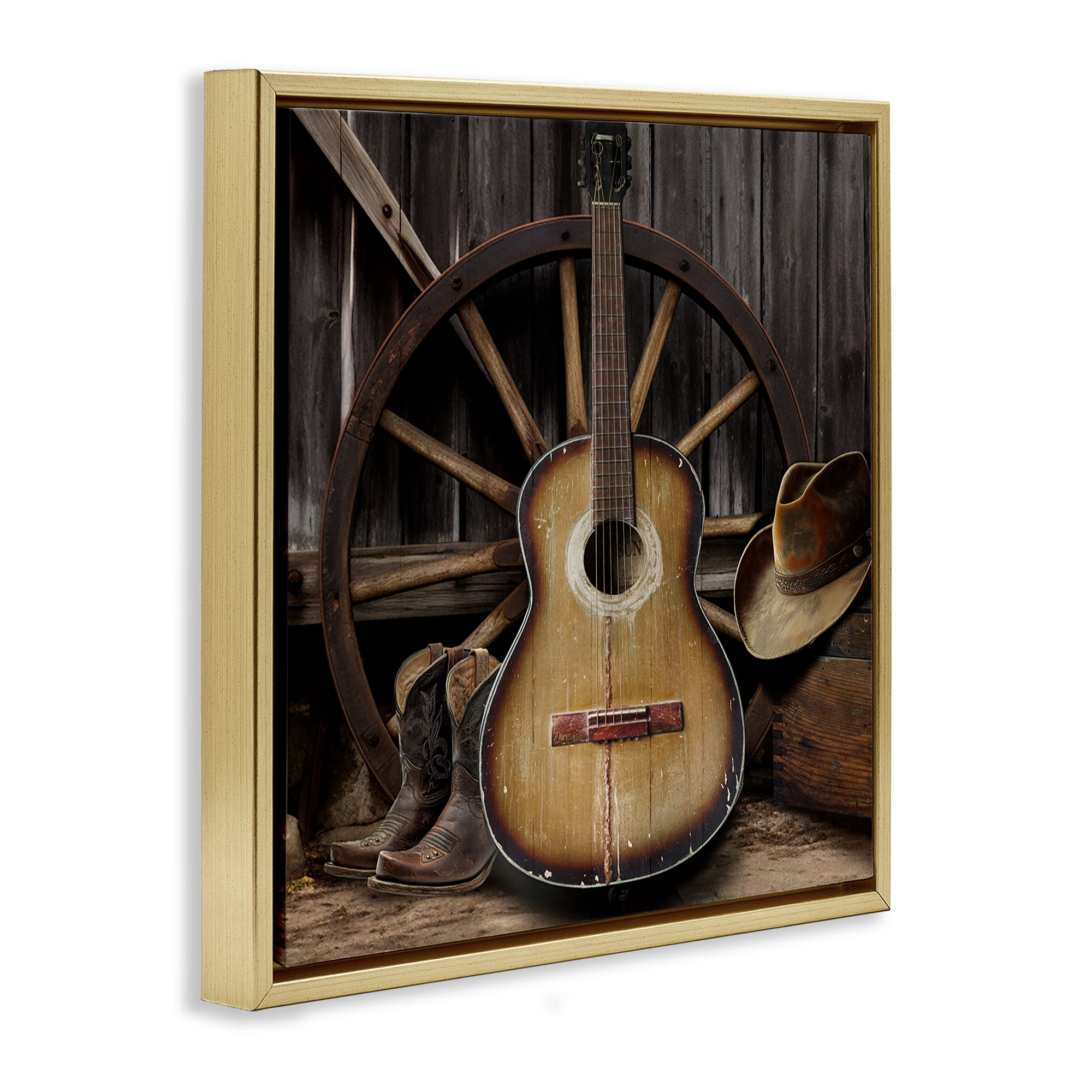 Stupell Industries Rustic Western Guitar with Hat Gold Framed Floater Canvas Wall Art, design by CAD Designs
