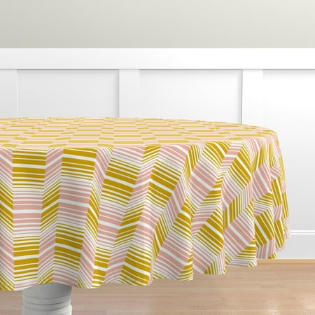 

Cotton Sateen Tablecloth 90 Round - Pink Vintage Retro Geometric Geo Blush Bauhaus Delineate Mustard Print Custom Table Linens by Spoonflower