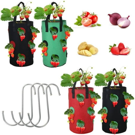 Strawberry Grow Bag Nonwoven: 4PCS Garden Grow Bag Fabric Plant Container with Hook