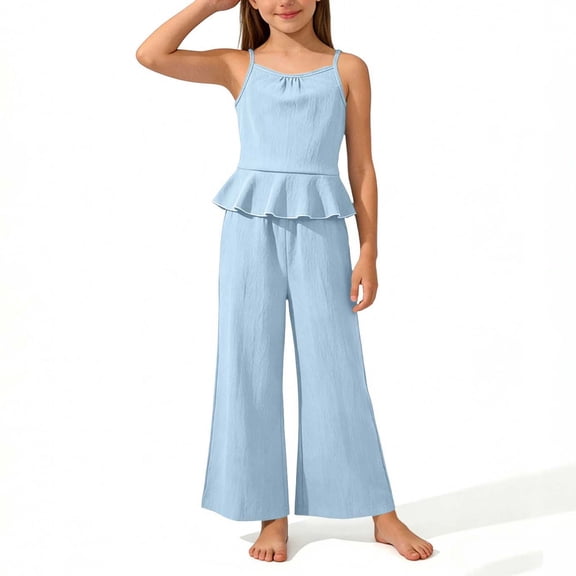 ITSAME Girls Outfits 2-Piece, Ruffled Camisole and Flared Pants Loose Fit Summer Casual Clothes Set Light Blue Size 8