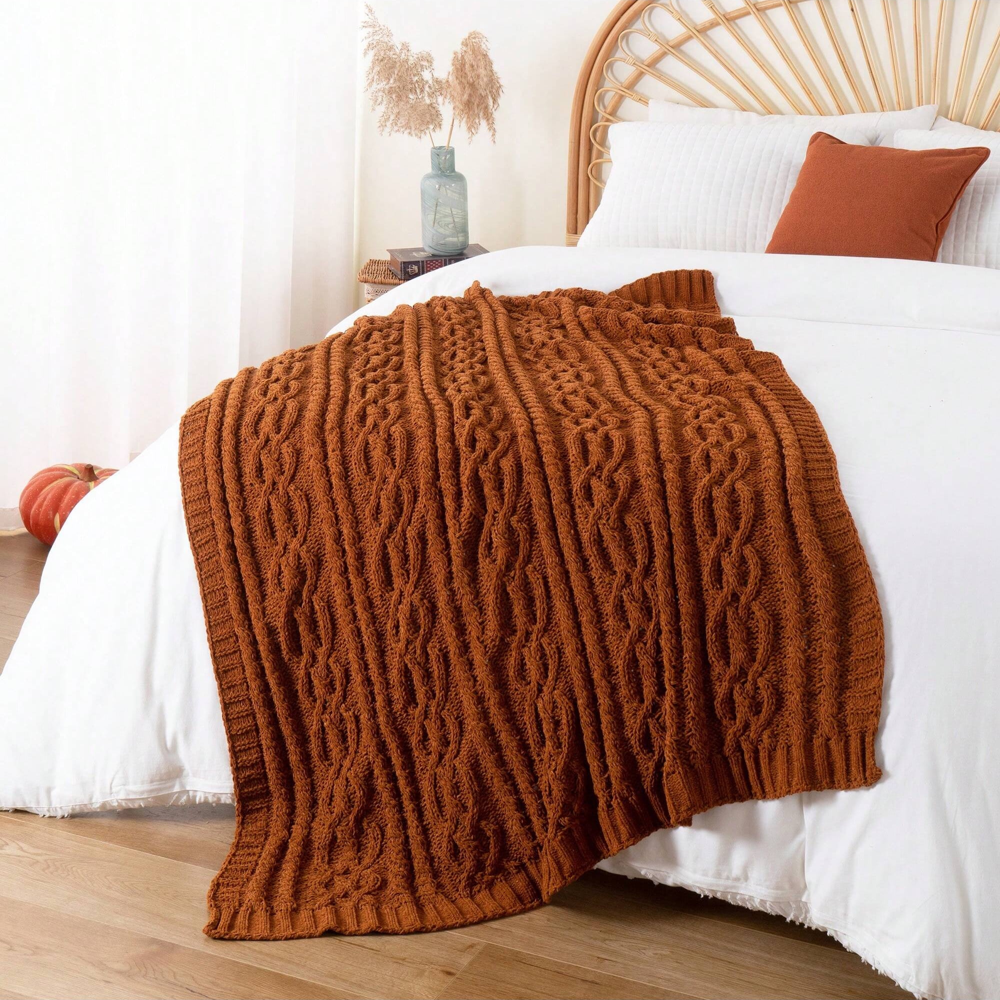 Battilo Caramel Throw Blanket for Couch, Chenille Rust Blanket Throw,Fall Blanket,51"x67"