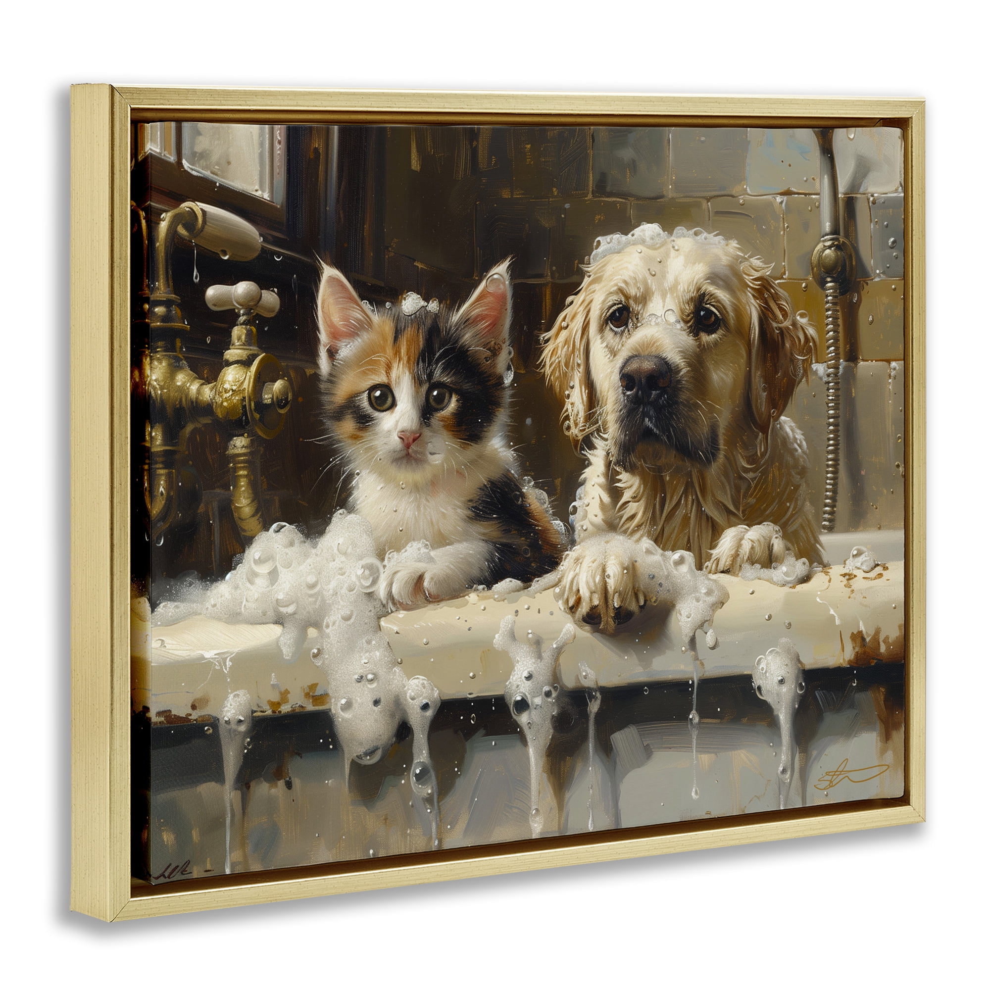 Bath Buddies Cat & Dog Gold Framed Floater Canvas Wall Art, design by Shawna Stewart