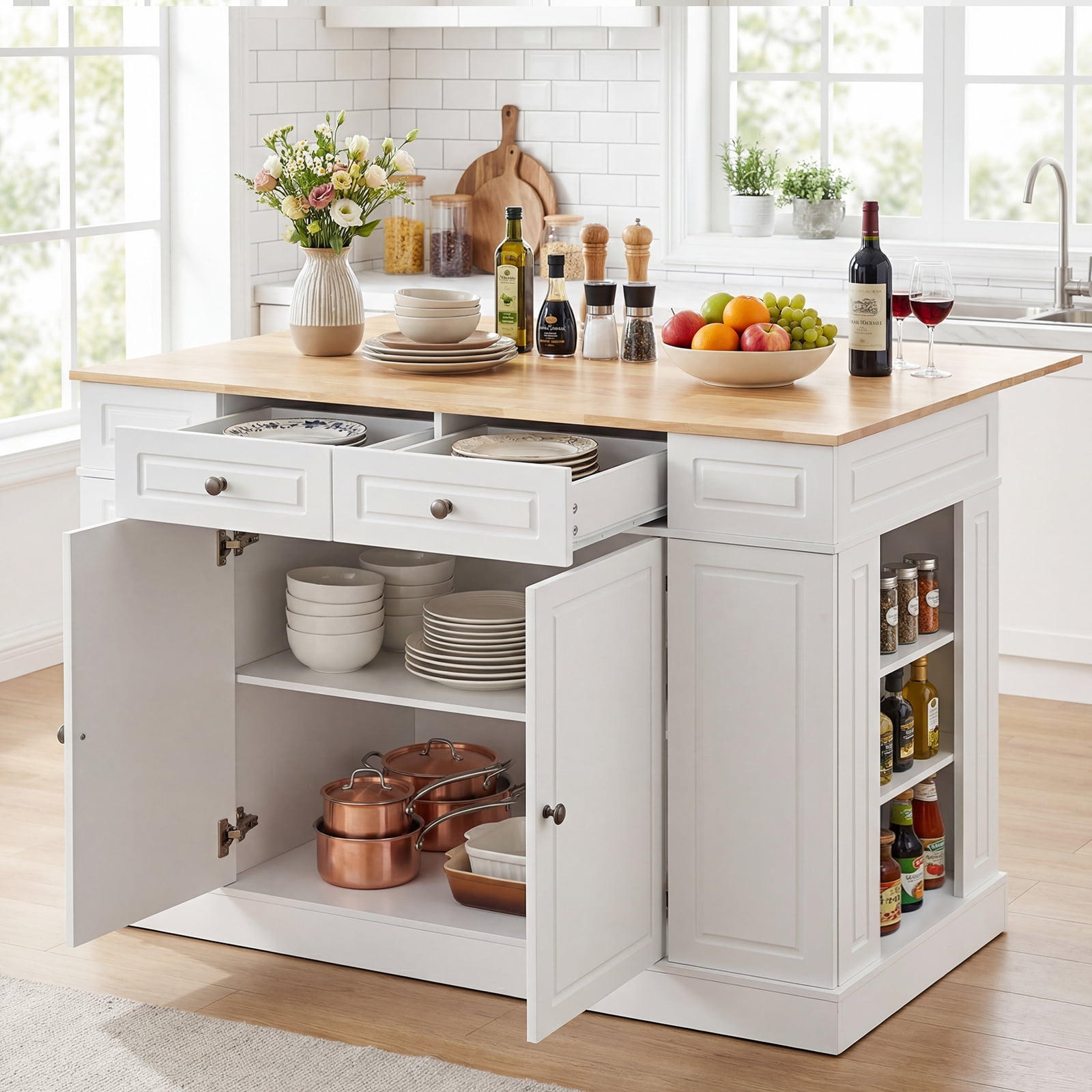 Gymax Kitchen Island Table w/ Storage Cabinet and Drop Leaf White