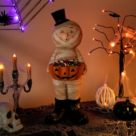 Mummy in Top Hat Holding Jack-O-Lantern Candy Dish Halloween Decoration - 23"