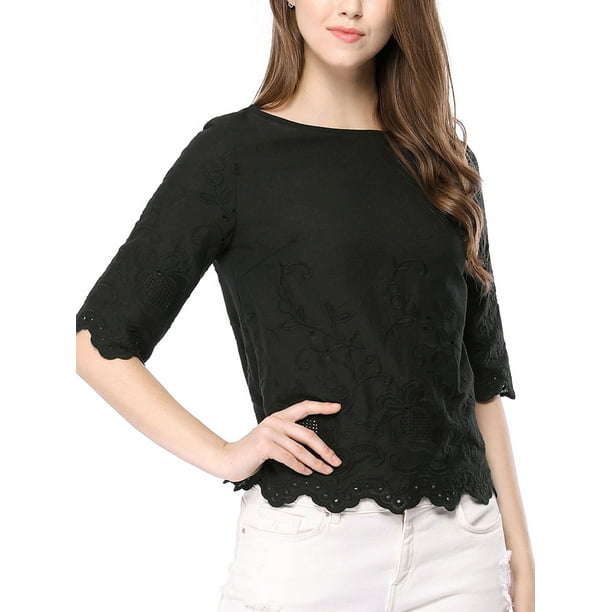 Unique Bargains Women's Elbow Sleeves Elegant Round Neck Embroidery