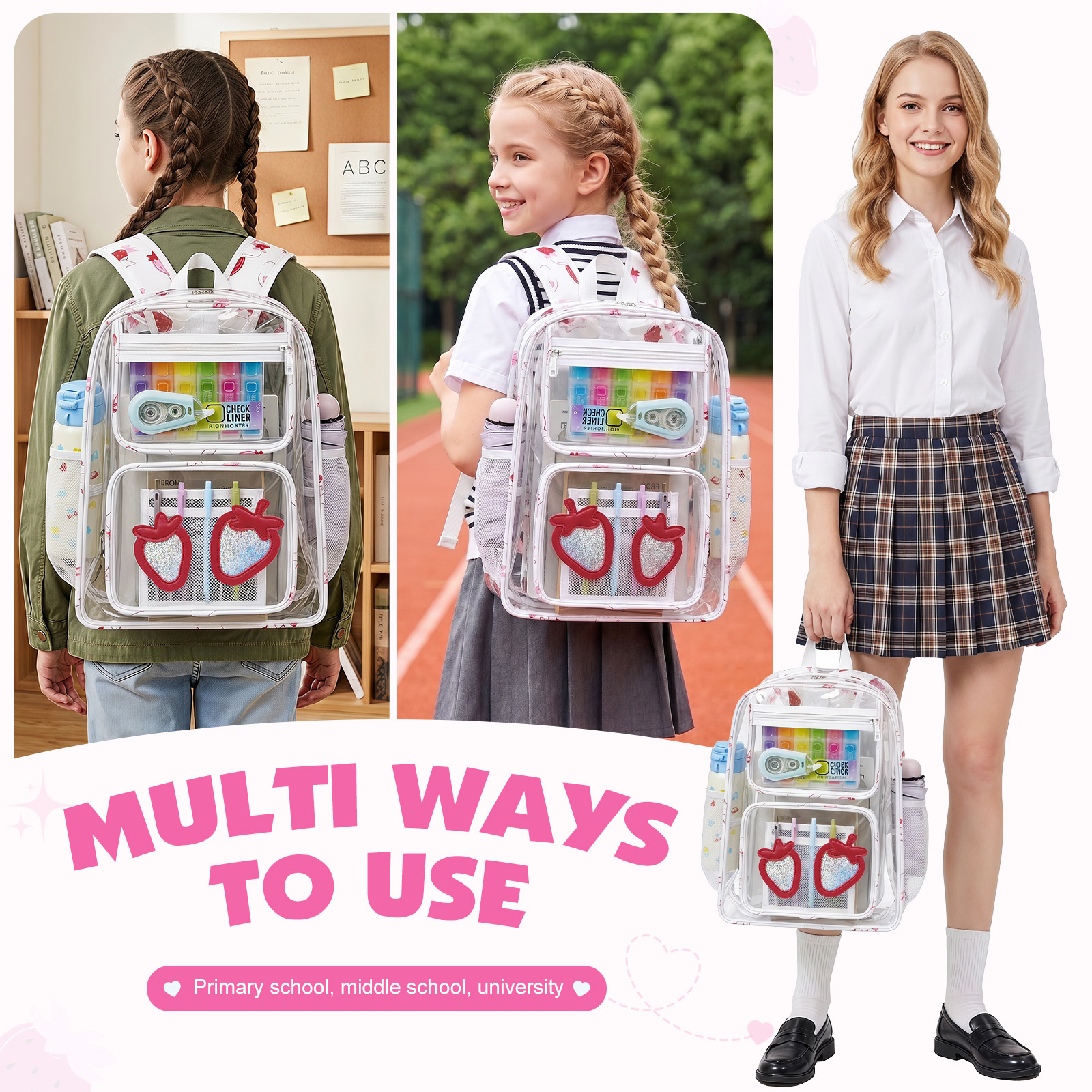 Mochila transparente resistente, aprobada para estadios, escolar, linda, para viajes 7