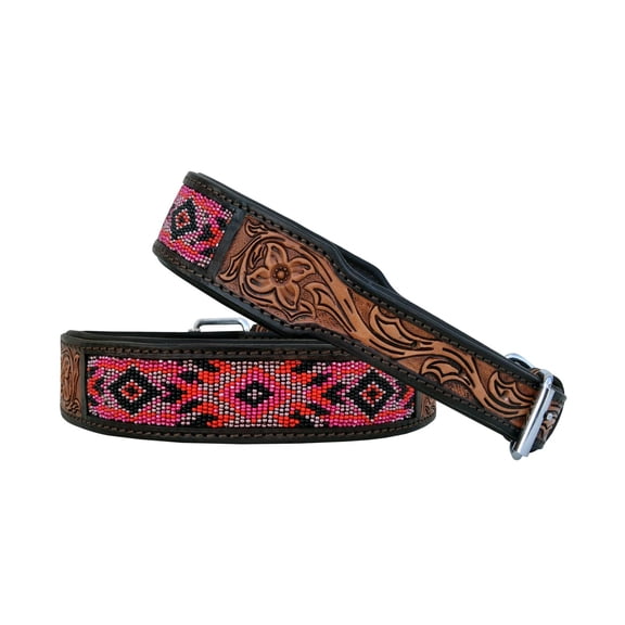 Leather Dog Collar Extra Small Size Western Style Heavy Duty Hand Tooled Adjustable Beaded and Padded Soft for Puppies and Big Dogs 10AB030-XS