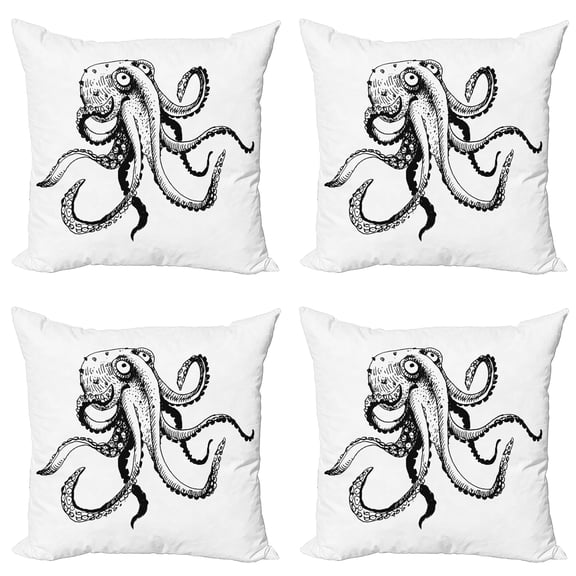 Ambesonne Octopus Throw Pillow Cover 4 Pack, Comic Funny Art Doodle, 18", Black White