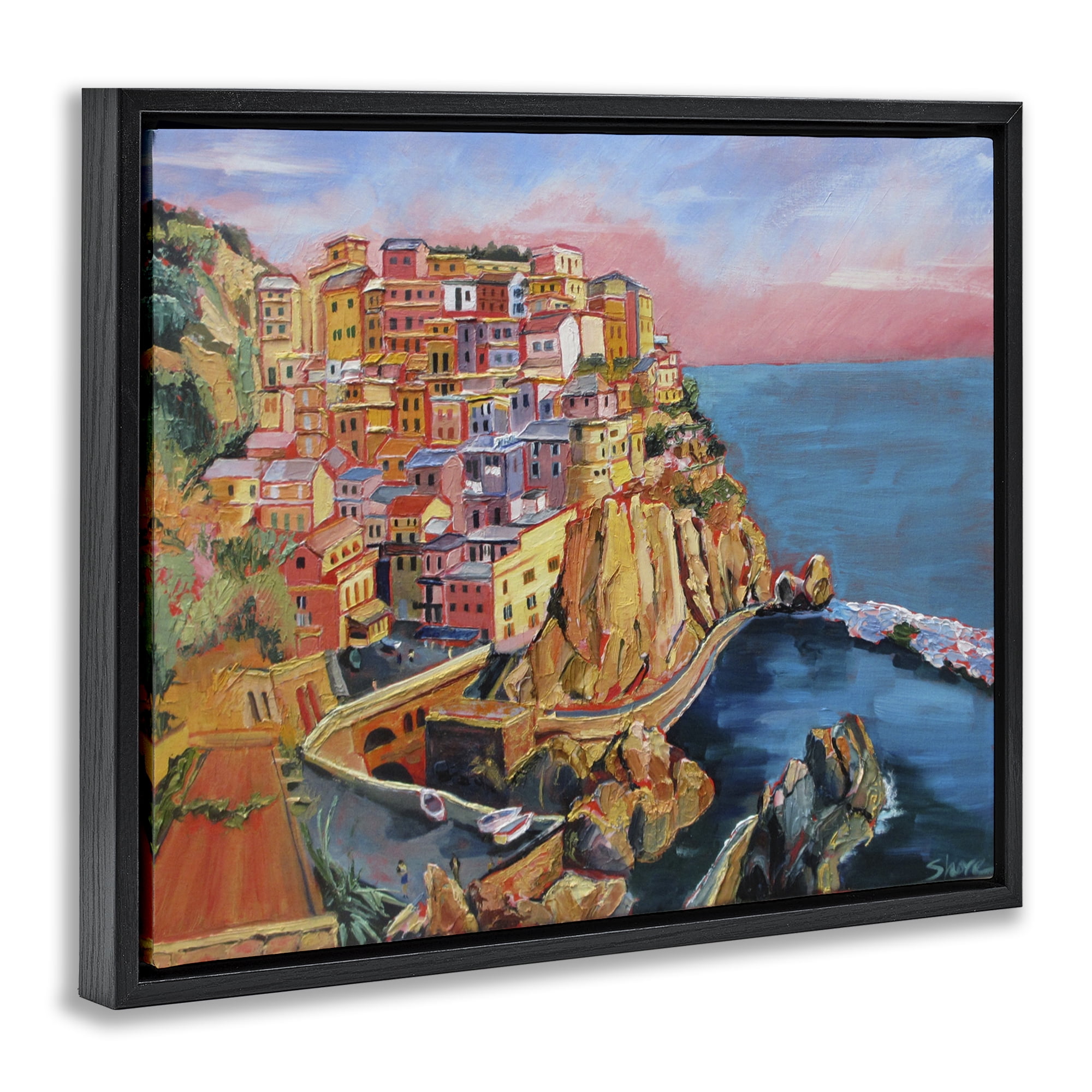 Stupell Industries Cinque Terre Seascape Architecture Black Framed Floater Canvas Wall Art, design by Maxine Shore