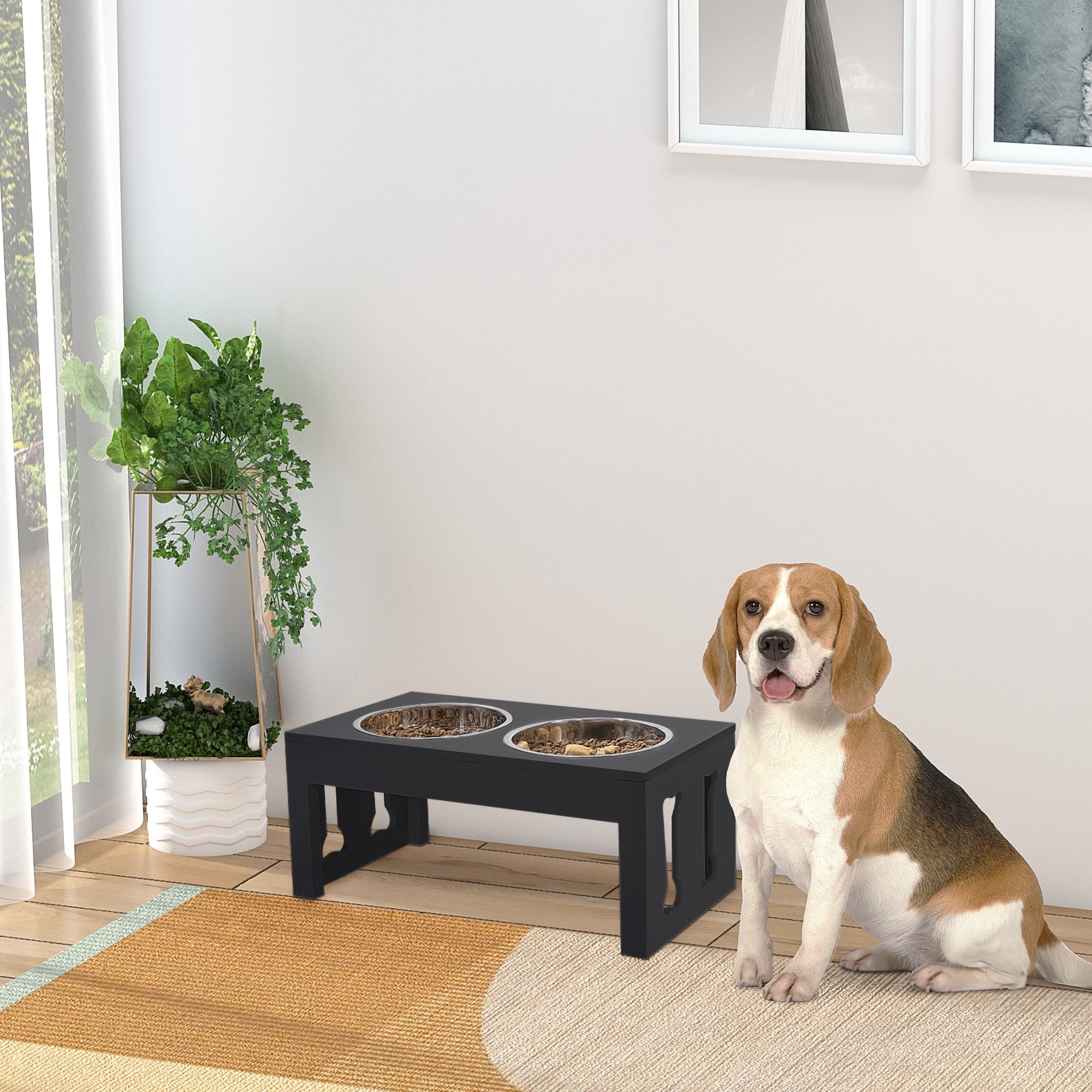 23" Modern Decorative Dog Bone Wooden Heavy Duty Pet Food Bowl Elevated Feeding Station, Black