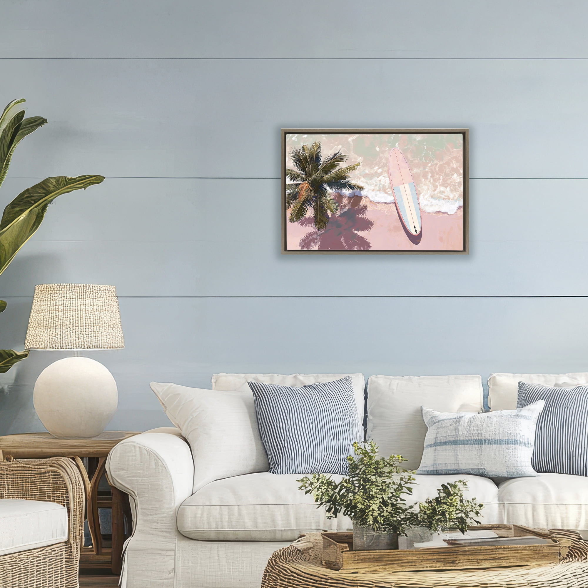 Stupell Industries Blush Pink Surfboard & Palm Brown Framed Floater Canvas Wall Art, design by Jacky Ngan