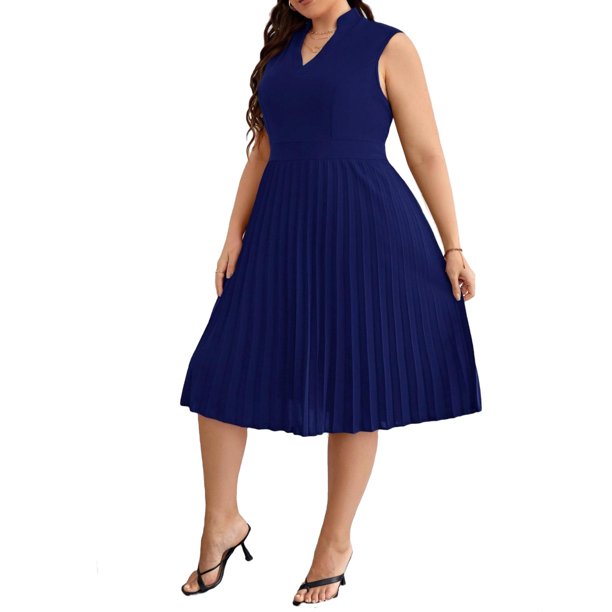 Womens Plus Size Dresses Elegant Plain Notched A Line Navy Blue 4XL