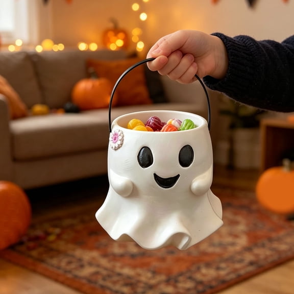 Dongrens Cute Ghost Halloween Candy Bucket, Portable Ghost Shaped Basket for Halloween Party Use
