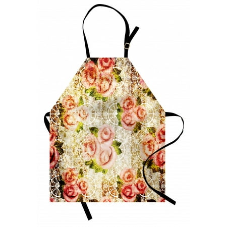 

Rose Apron Grunge Psychedelic Artsy Floral Motif with Dated Retro Dark Lace Boho Patterns Unisex Kitchen Bib Apron with Adjustable Neck for Cooking Baking Gardening Pink Green Cream by Ambesonne