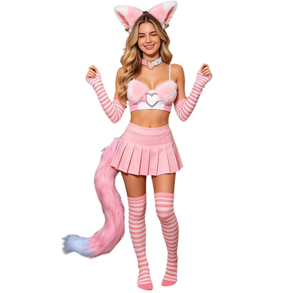 HXWCHs Halloween Whimsical Cat for Women, Ear Headband Tail Stockings Neck Ring for Playful Cosplay Enthusiasts Size: One Size White