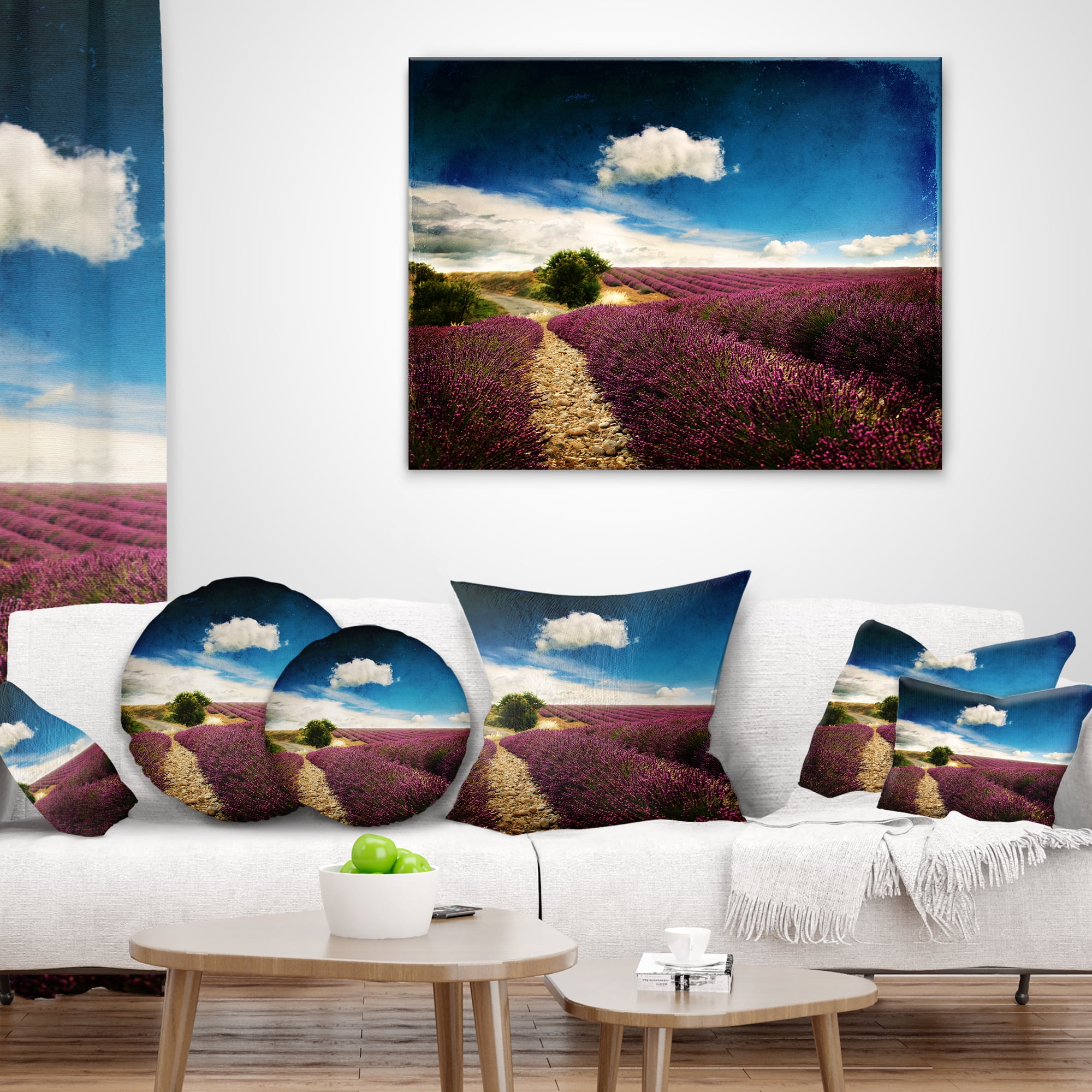 Designart Lavender Field with Dramatic Blue Sky - Landscape Printed Throw Pillow - 16x16