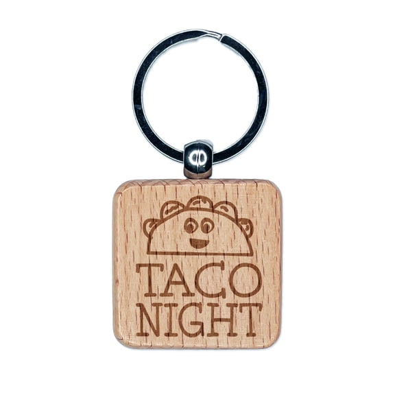 Taco Night Cute Doodle Square Keychain Charm Tag - Engraved Wood