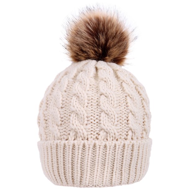Men Women S Winter Hand Knit Faux Fur Pom Pom Beanie Hat Cream Walmart Com Walmart Com