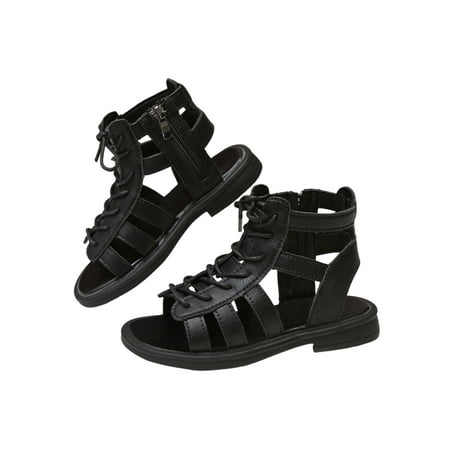 

Colisha Girls Summer Sandal Side Zip Flats Lace Up Flat Sandals School Fashion Casual Shoes Open Toe Dress Shoe Black 12C