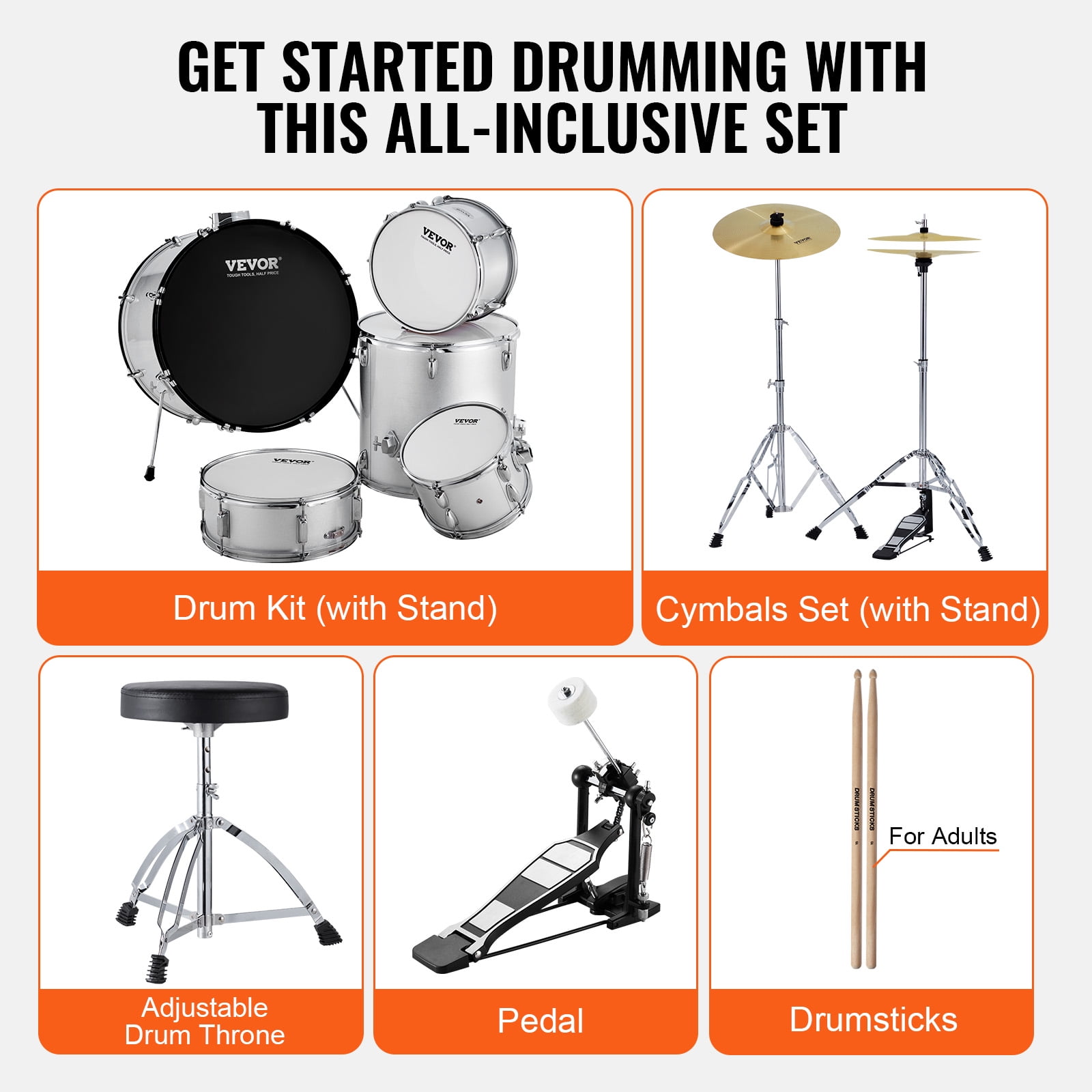 VEVOR Adult Drum Set, 5-Piece,22 inches Complete Full Size Drum Kit with Bass Toms Snare Floor Drum Adjustable Throne Stands Cymbal Hi-Hat Pedal and Drumsticks, Silver