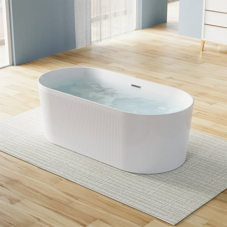 ANGELES HOME 67" Acrylic Freestanding Bathtub, Soaking White Bathtub with White Drain and Integrated Slotted Overflow Included, 78 Gallons, Glossy White