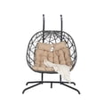 thumbnail image 5 of 2 Person Double Swing Egg Chair with Stand, 600lbs Capacity Outdoor Patio Wicker Hanging Patio Lounge Chair w/Cushions and Pillows, Oversized Hand-woven Hammock Chair Set for Patio/Yard/Garden/Porch, 5 of 9