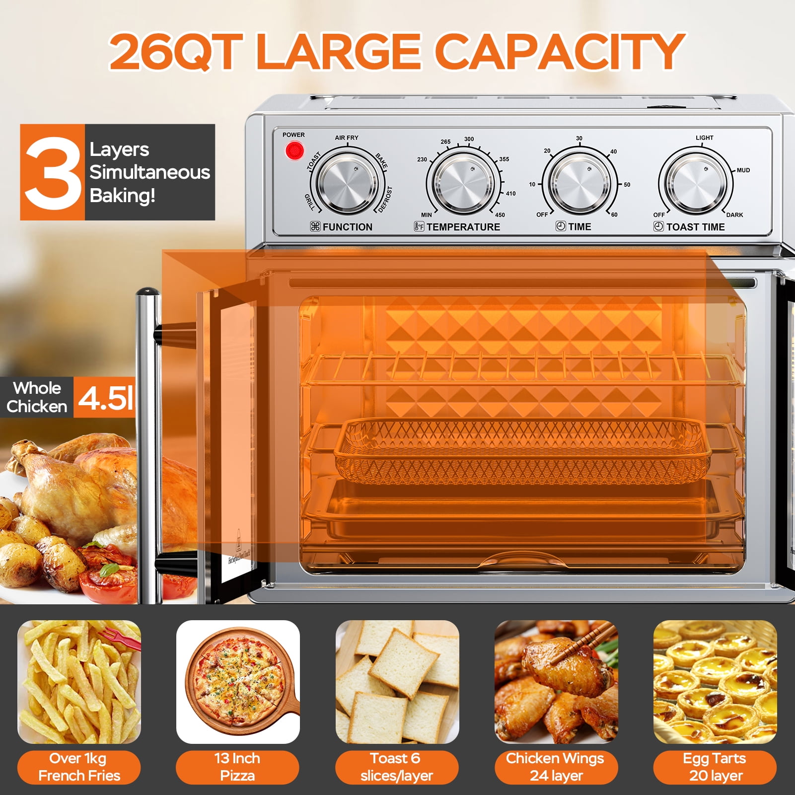 27.5QT Stainless Steel Air Fryer Oven – 3-Layer Cooking, Multi-Function, Double-Door Design for Family Meals