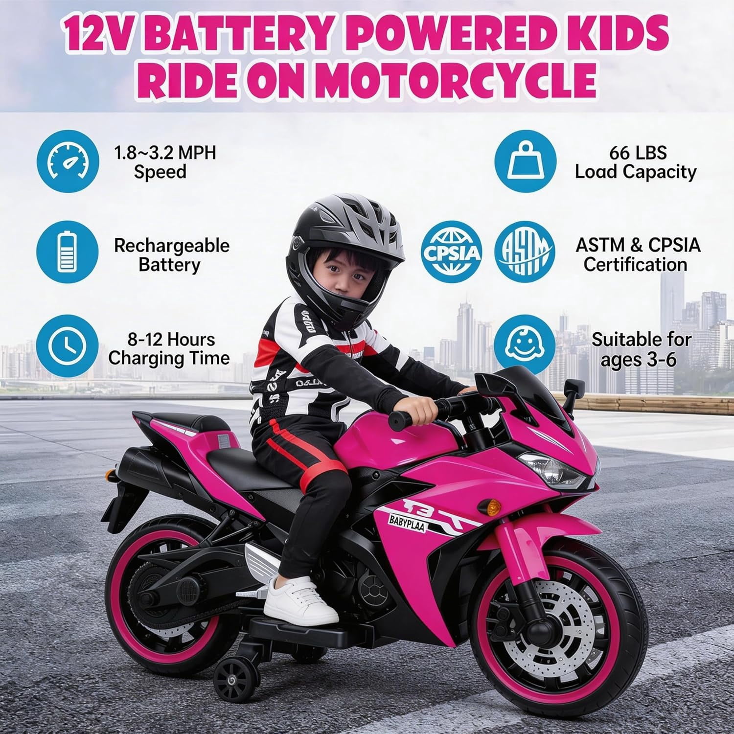 ZOGYMOZ Kids Motorcycle,12V Kids Electric Motorcycle with Training Wheels,Ride On Motorbike, Speed by Hand, Music Function, Max Load 88LB (Pink)