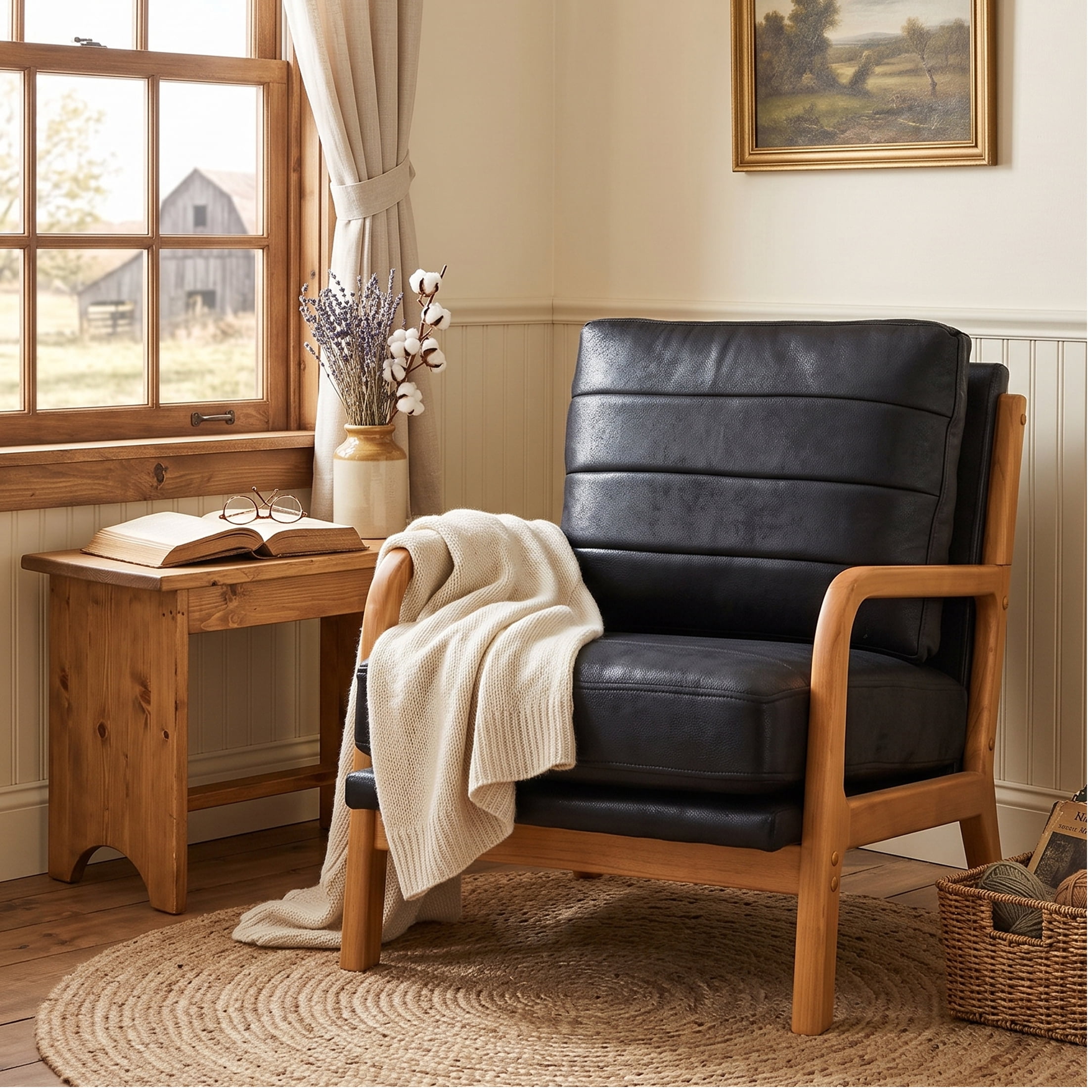 Homy Casa Mid-Century Accent Chair, Upholstered Lounge Reading Chair with Wood Frame, Black