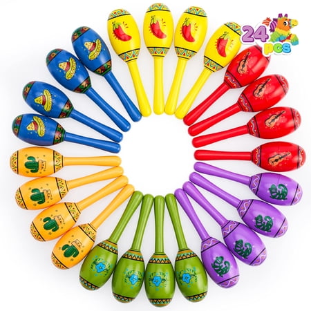 JOYIN 24 Mini Wooden Fiesta Maracas 6 Designs Noisemaker for Mexican Fiesta, Cinco De Mayo Party Favors, Musical Fun, Birthday Parties, Luau Party, Carnivals, Taco Tuesday Event, Educational Toys