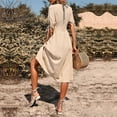 thumbnail image 6 of 2022 Summer Dresses for Women Maxi Dress Summer Mid-Length Dress Short Sleeve V-Neck Solid Color Cotton Linen Dress, 6 of 7