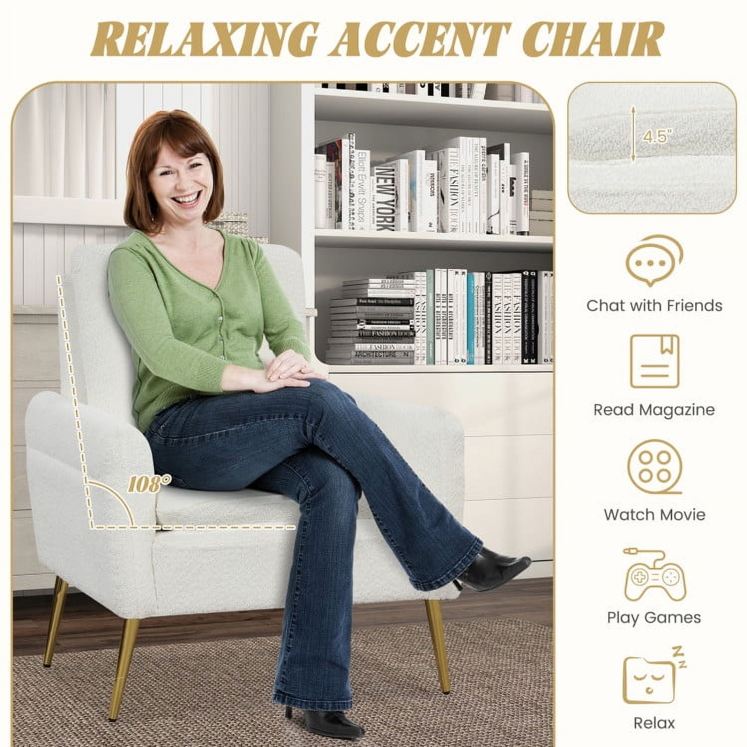 Demi Bonn Upholstered Accent Armchair, Sherpa Accent Chair, Upholstered Sherpa Modern Accent Armchair, for Living Room, Bedroom, Reception Room, White