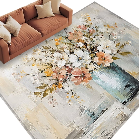 Rustic Flowers Area Rug 8x10 Washable Rug Non Slip Pastoral Wildflowers Vase Vintage Oil Painting Large Area Rug Soft Stainresistant Indoor Floor Carpet for Living Room Bedroom Home Office