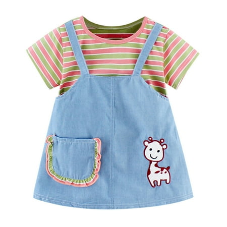 

TAIAOJING Girls Dress Toddler Kids Babys Stripe Print Tops Patchwork Princess Dress Outfits A-Line Dresses