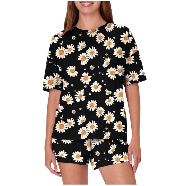Trajes de Pantalones para Mujeres Casual Suelta Impresión Manga Corta, Cuello Redondo Pantalones Cortos Pijamas Poliéster