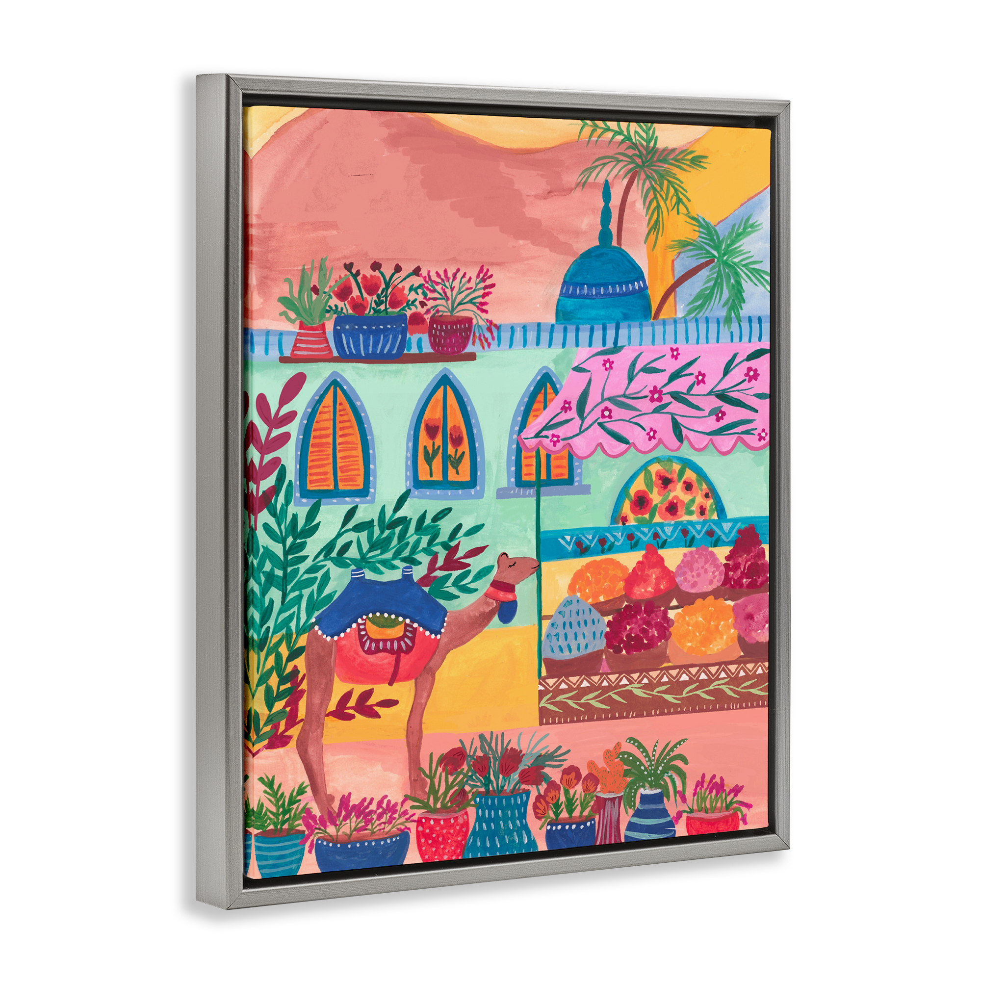 Exotic Egypt Camel Gray Framed Floater Canvas Wall Art, design by Nabeela Rumi