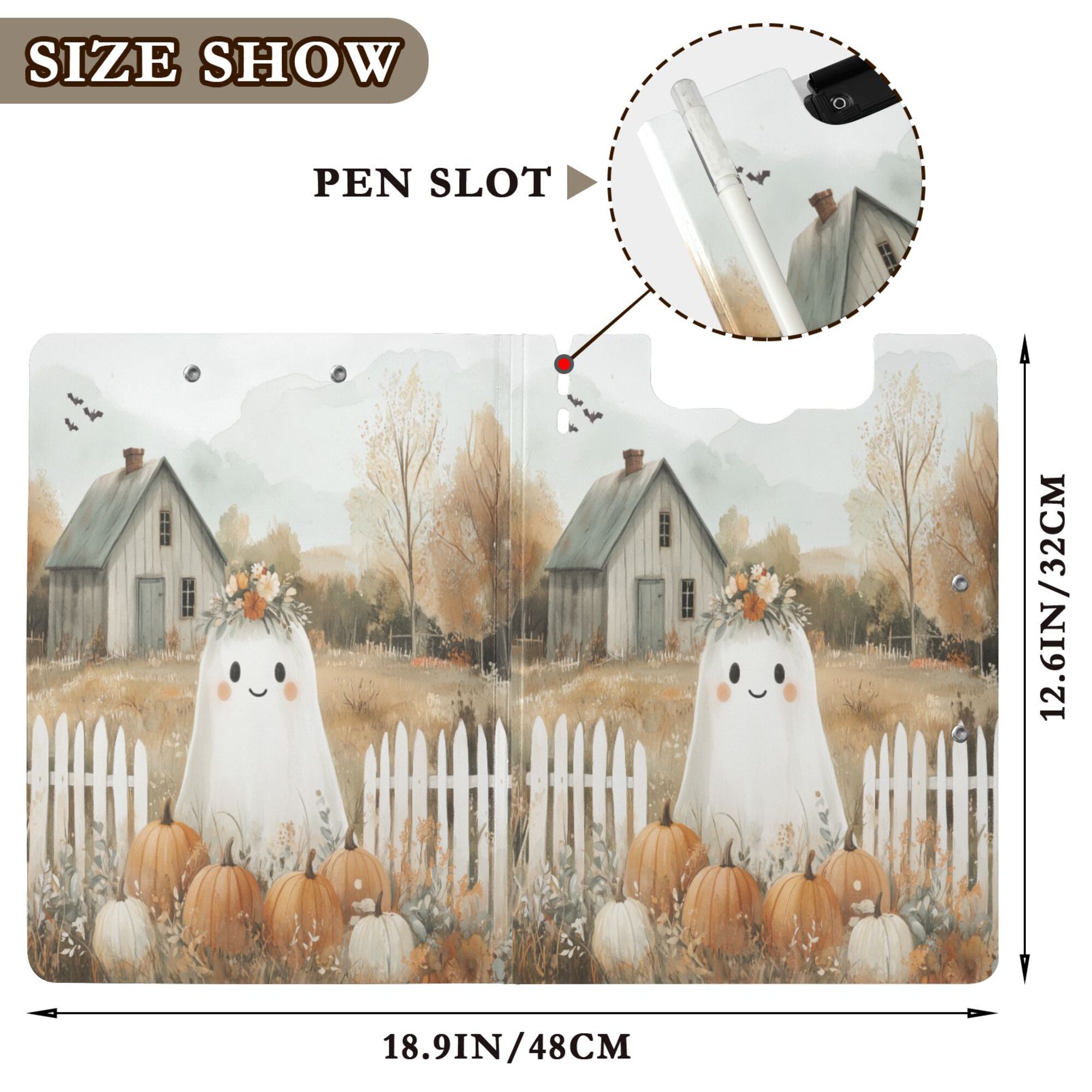 FORMRS A4 Clipboard Folder with Pen Holder Horizontal Foldable School Office Binder, Cute Halloween Pumpkins