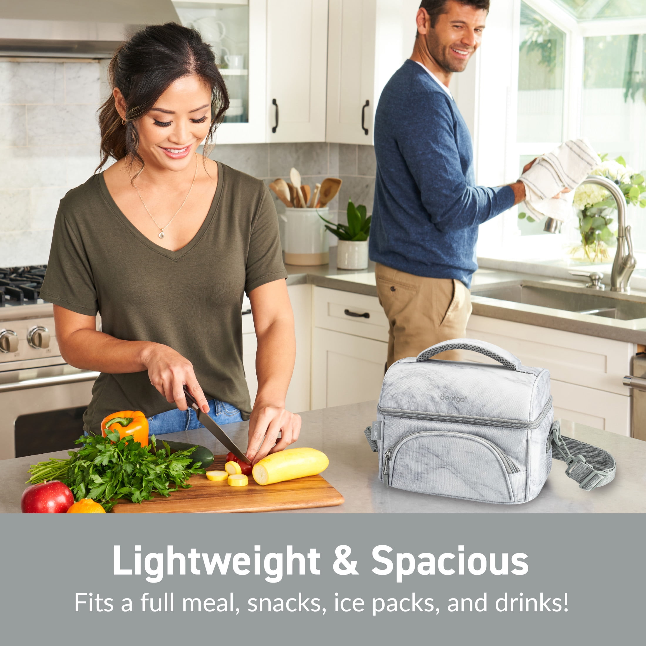 Bentgo Deluxe Lunch Bag - Durable and Insulated Lunch Tote with Zippered Outer Pocket, Internal Mesh Pocket, Padded & Adjustable Straps, & 2-Way Zippers - Fits Most Bentgo Lunch Boxes (White Marble)