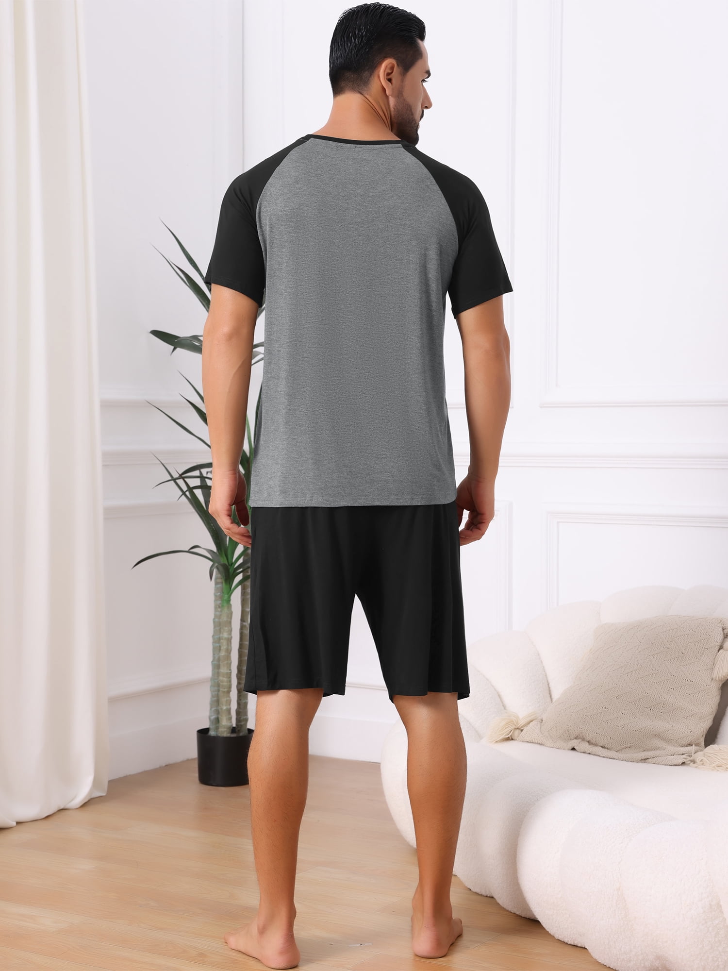 DARING DIVA Men's Sleepwear Pajama Raglan Crew Neck Drawstring Pajama Set S Black Gray