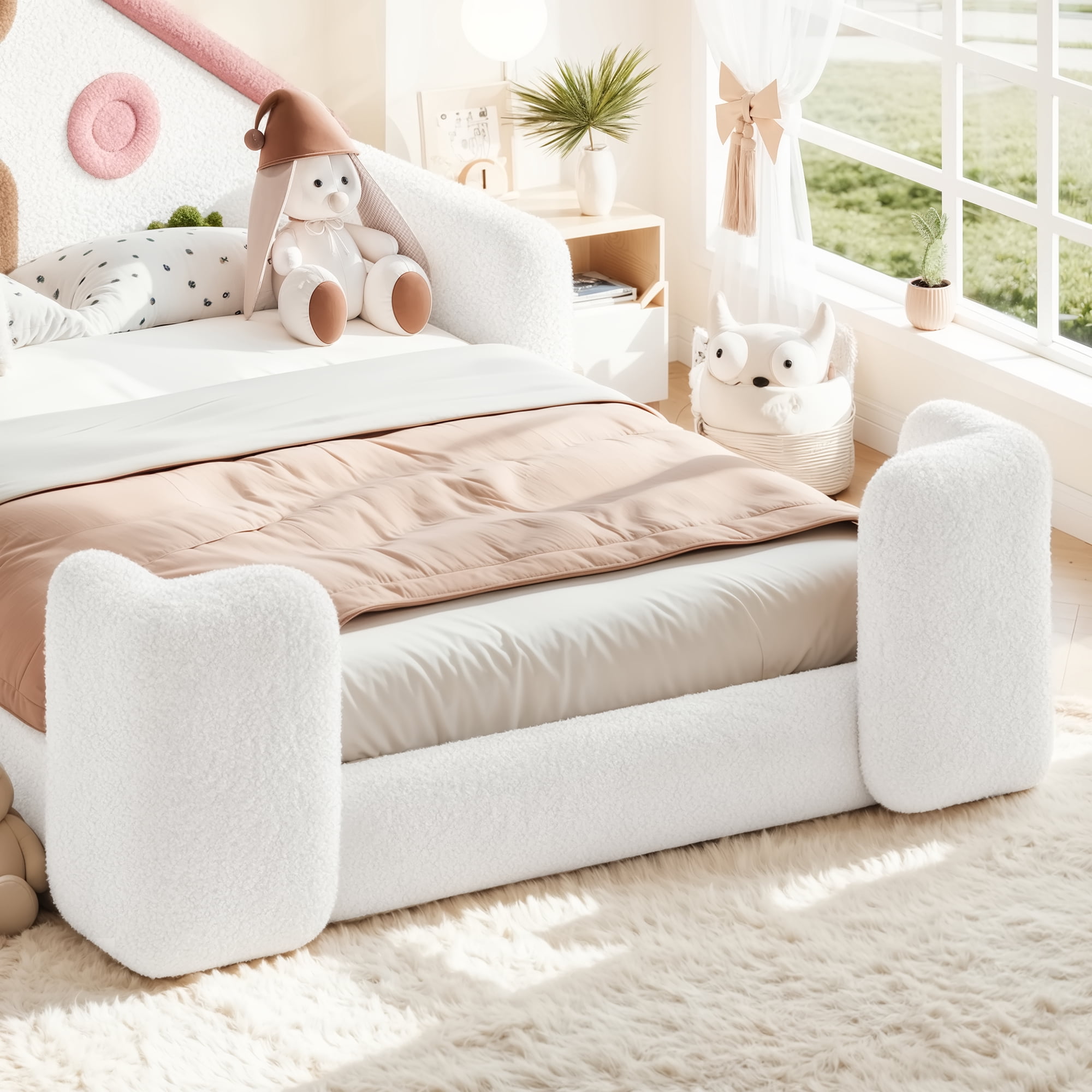 HOQBN Full House Shaped Upholstered Floor Bed, Upholstered Kids Bed with Safety Side Rails, Low Floor Playhouse Bed for Nursery & Kids Bedroom White & Pink