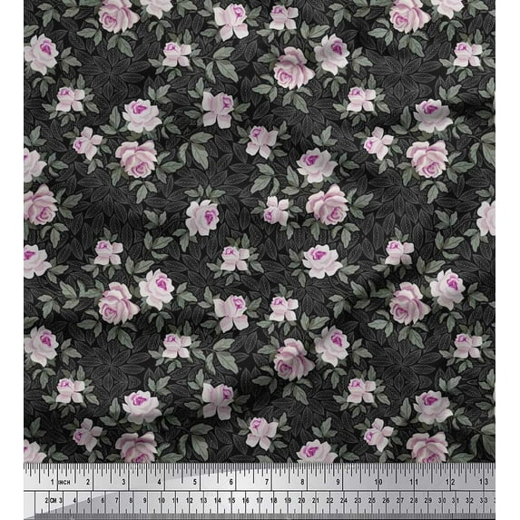 Soimoi Velvet Fabric Leaves & Rose Floral Print Fabric by the Yard 58 Inch Wide