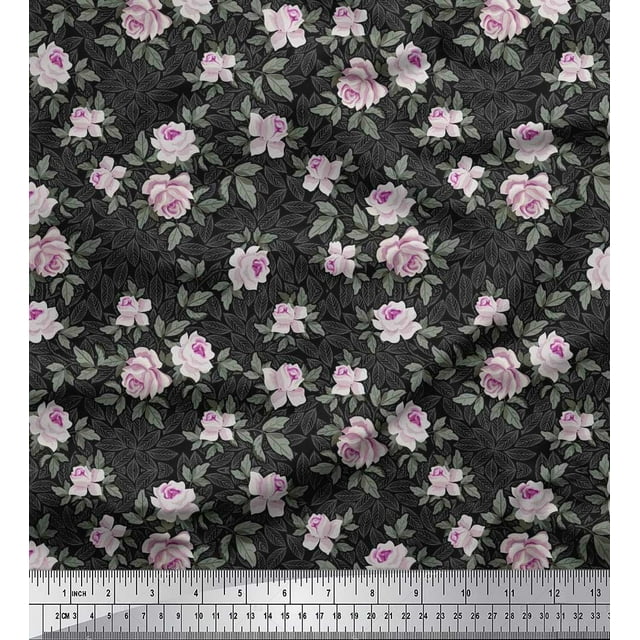 Soimoi polyester Crepe Fabric Leaves & Rose Floral Print Sewing Fabric Yard 52 Inch Wide