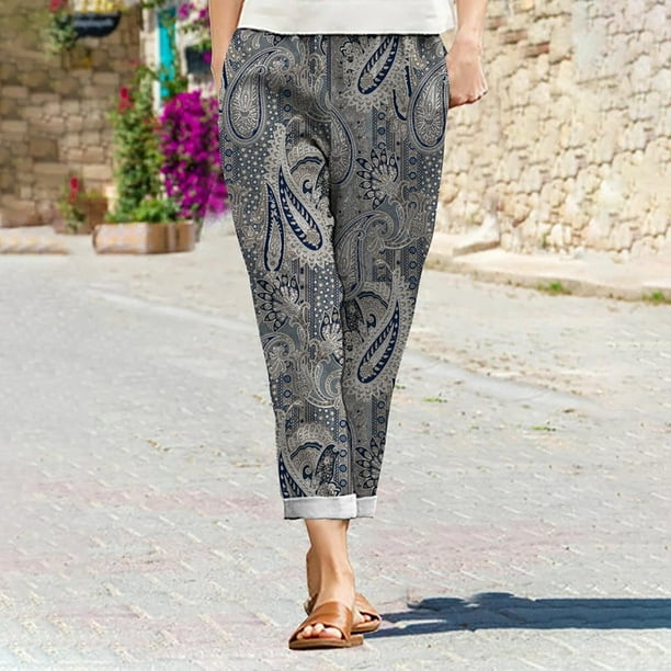 Lolmot Women'S Capri Pants Fashion Solid Elastic Waist Pants Loose Fit  Straight Wide Leg Trousers Ladies Casual Capris With Pocket