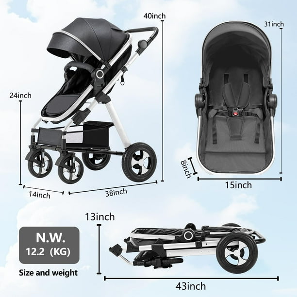 Blahoo Baby Stroller for Newborn 2 in1 High Landscape Stroller Foldable Aluminum Alloy Pushchair with Adjustable Backrest.Adjustable Awning Variable Seat and Recliner Black Bodega Aurrera en linea