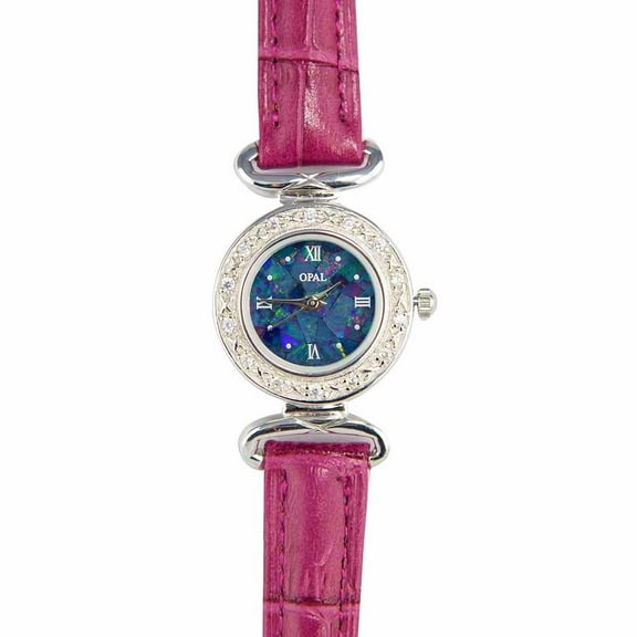 ABUNDANT RADIANCE WOMANS STERLING SLIVER OPAL WATCH WITH GENUINE FUCHSIA LEATHER BAND