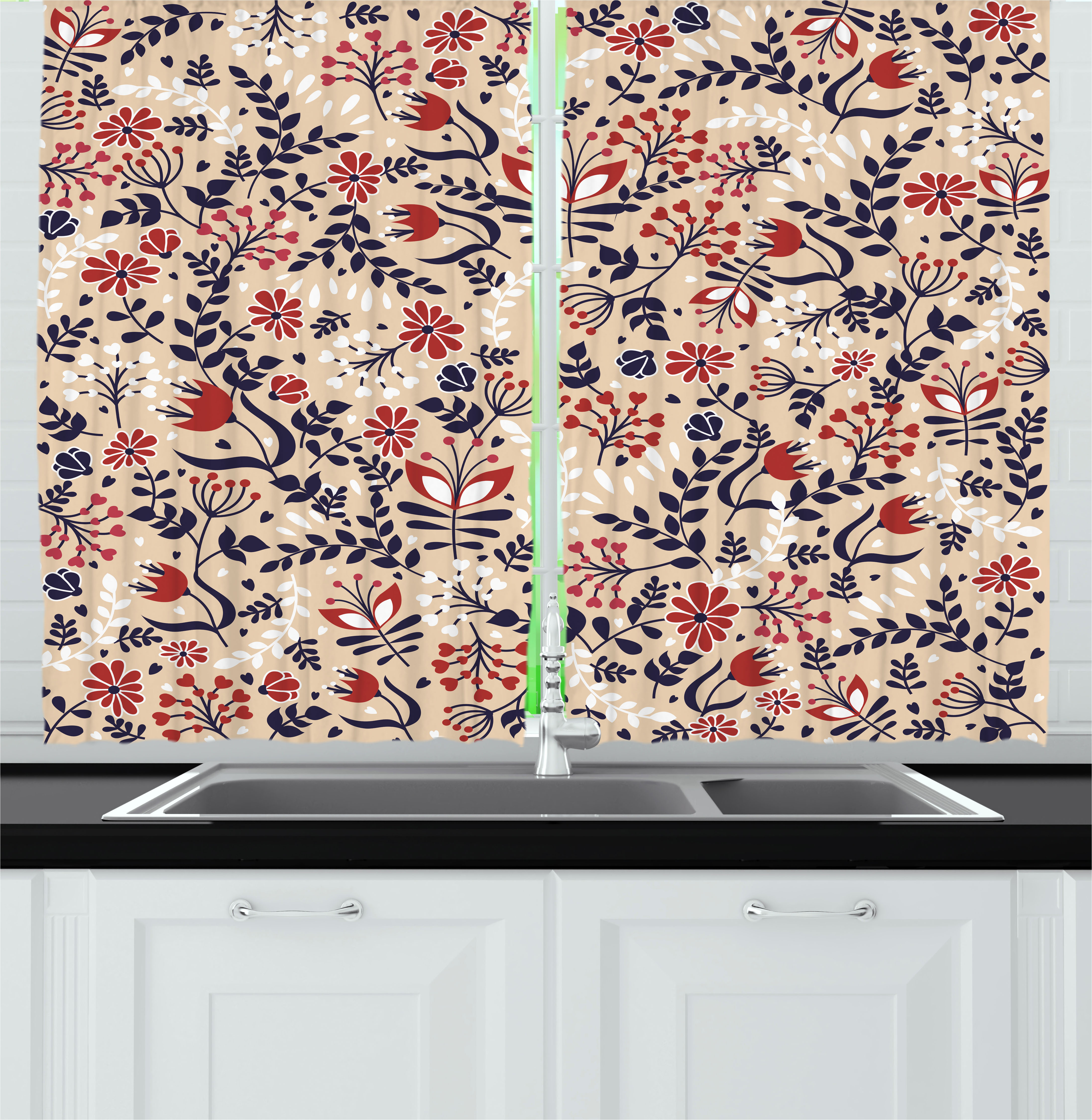 Floral Curtains 2 Panels Set, Abstract Art Flowers and Leaves Ethnic